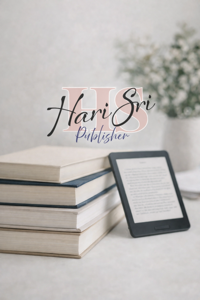 harisri publisher display with books and e reader